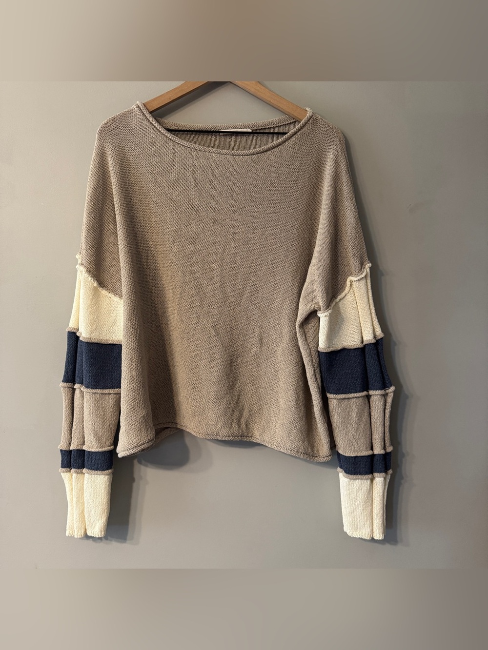 Doe & Rae | Taupe Sweater with Navy & Cream Paneled Sleeves | L